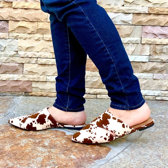 Cow Print Vegan Suede Mule Flats - Picture 4 of 12